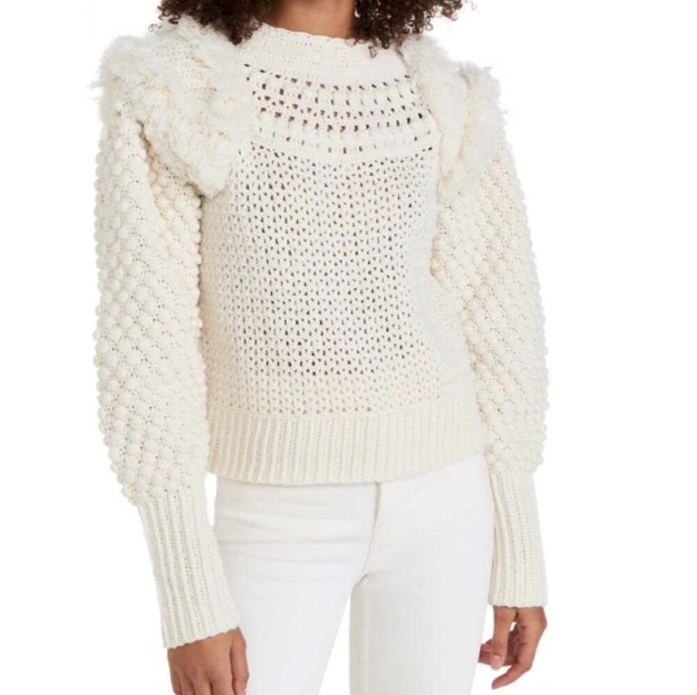 Sea New York Darcy Fringe Merino Wool Chunky Knit Ivory Sweater Womens Size XL